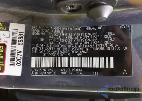 2007 Toyota Sienna Le from USA, damaged, VIN 5TDZK23C27S094120
